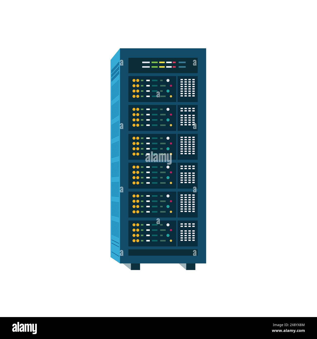 Großes Server-Rack isoliert auf weißem Hintergrund. Datenspeicherung. Cloud-Speicher. Einfache Darstellung der Computertechnik. Stock Vektor