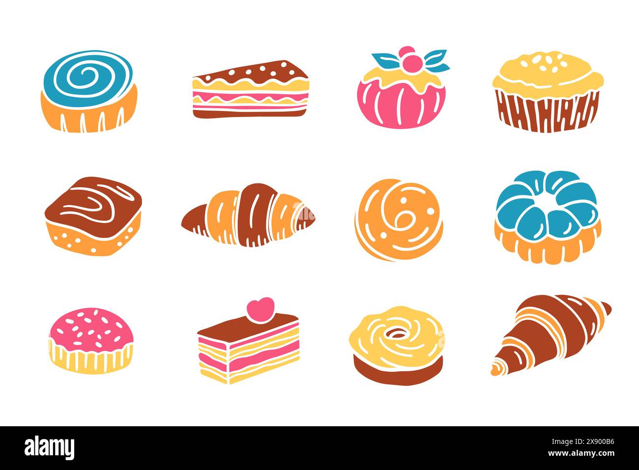 Süße Französische Bäckerei Dessert Set Kuchen Doodle Icons Stock Vektor