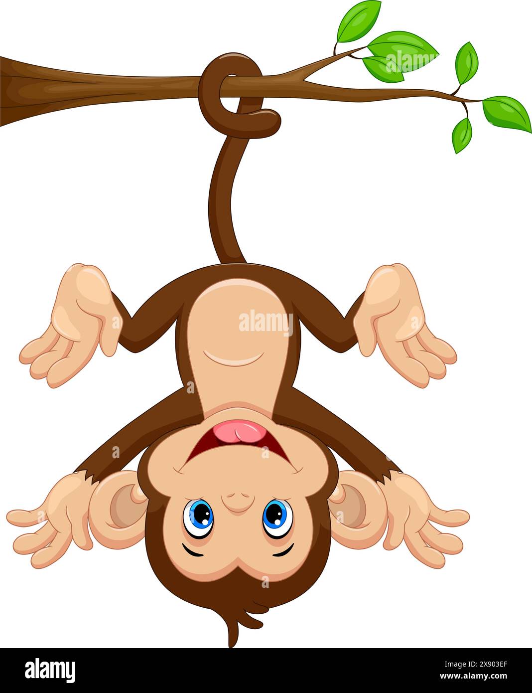 Niedlicher Babyaffe, der an Baum-Vektor-Illustration auf weißem Hintergrund hängt Stock Vektor