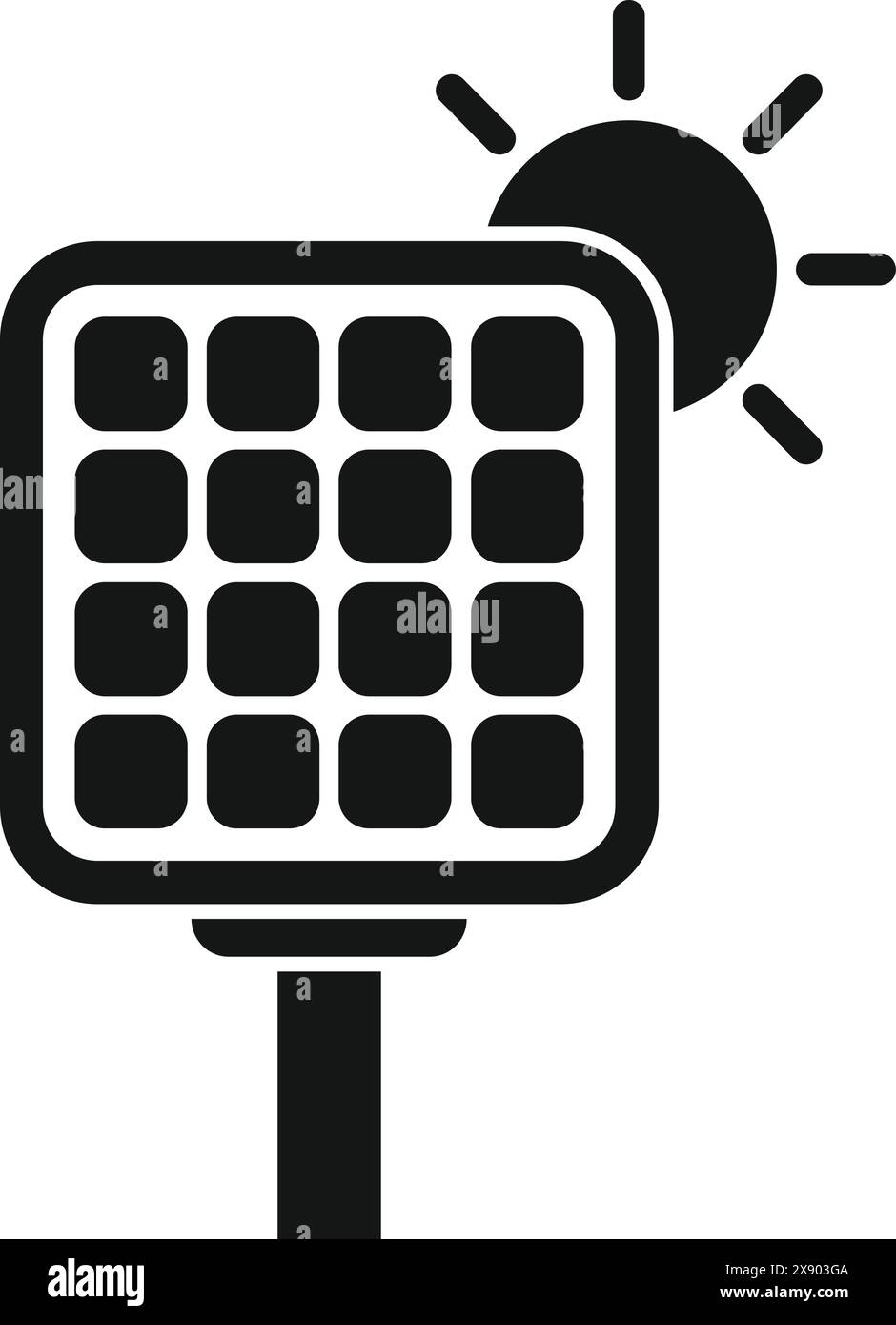 Schwarz-weiße Vektorsymbol eines Sonnenkollektors mit einer stilisierten Sonne, die erneuerbare Energie repräsentiert Stock Vektor