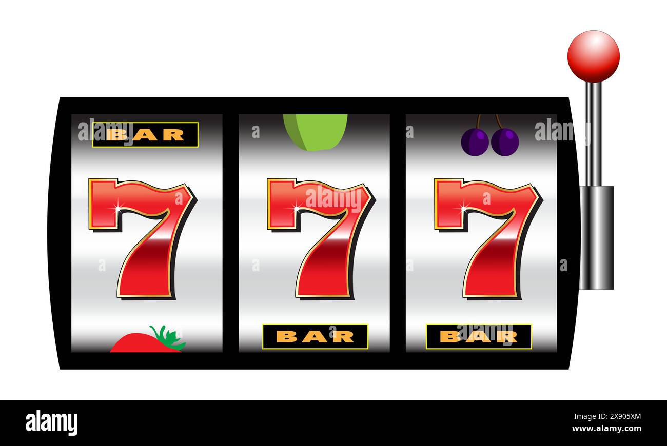 Spielautomat mit 777 auf den Walzen, Glücksspiel- oder Spielkonzept, isoliert auf weißem Hintergrund Stock Vektor