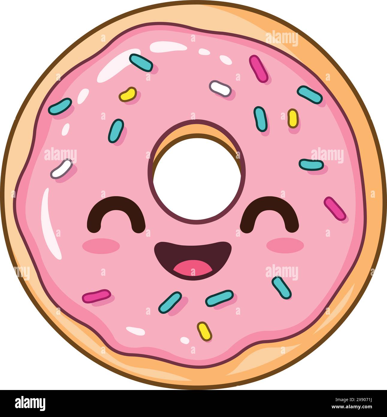 Fröhlicher Kawaii Donut mit rosafarbener Verglasung und bunten Streuseln im Kawaii-Stil Stock Vektor