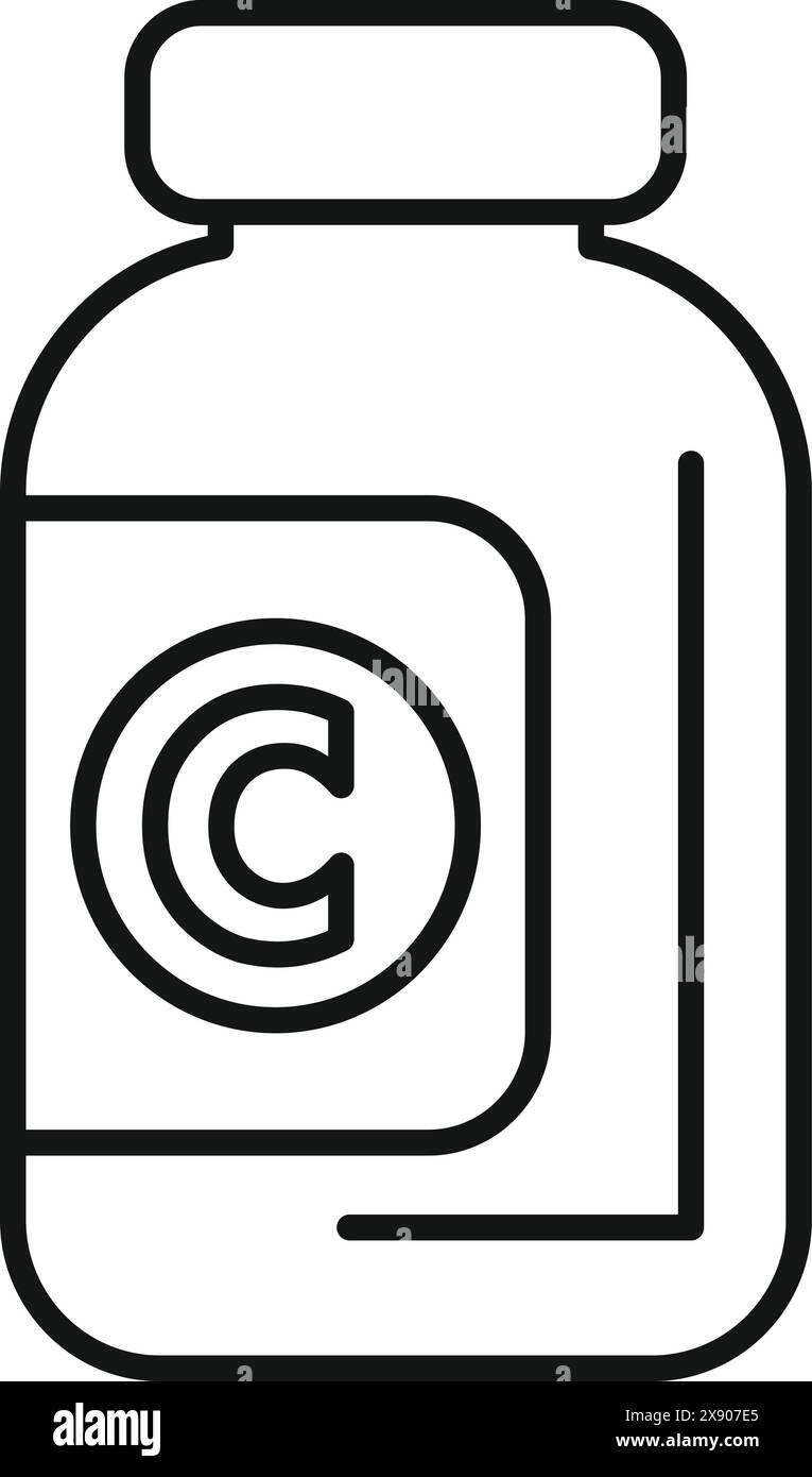 Einfaches Strichsymbol, das eine Arzneimittelflasche mit einem Copyright-Symbol darstellt Stock Vektor