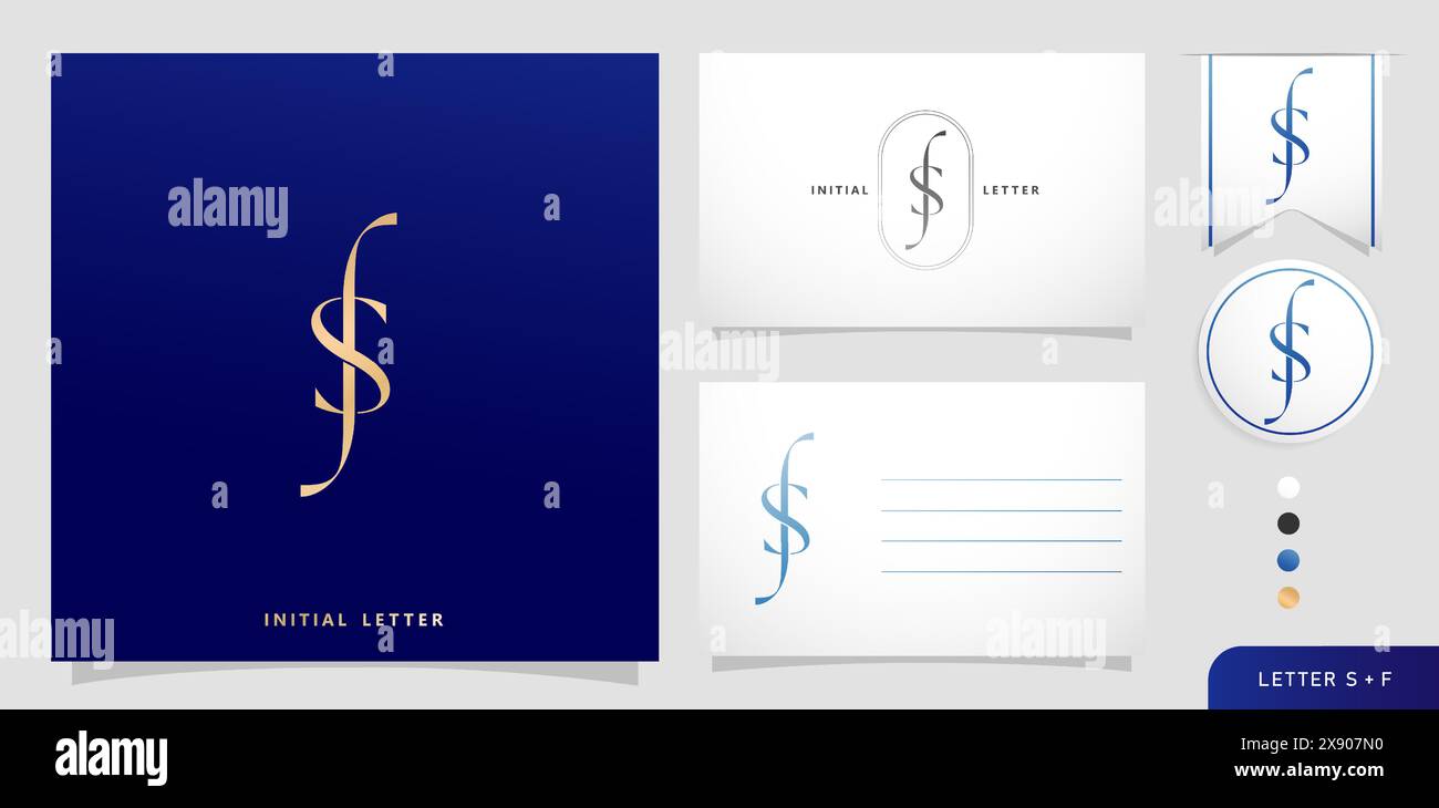 Satz Visitenkarten mit den Buchstaben SF oder FS Luxury Initialen Letter F und S Logos Designs in Blau für Branding-Werbekampagnen, Letterpress Stock Vektor