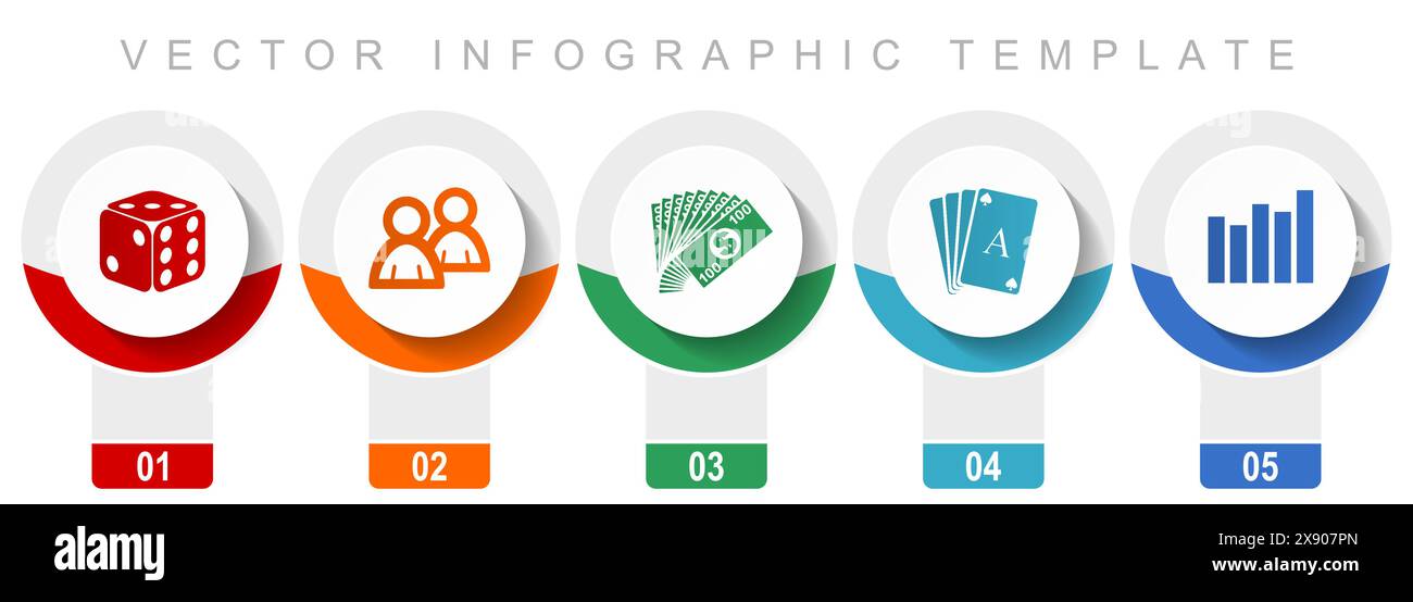 Casino-Symbolset, verschiedene Vektorsymbole wie Würfel, Spielkarten und Geld, Infografik-Vorlage mit modernem Design, Web-Schaltflächen in 5 Farboptionen Stock Vektor
