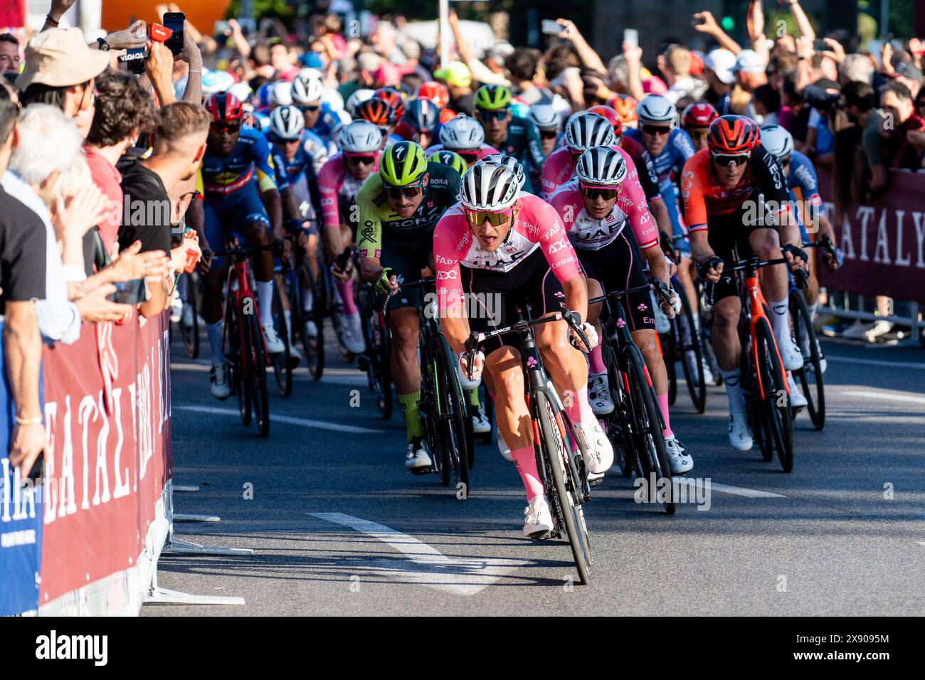 Radfahrer treten während des 107. Giro d'Italia 2024, Stage 21, einer 125 km langen Roma-Roma an. Tadej Pogacar (Team Emirates der Vereinigten Arabischen Emirate) gewann den 107. Giro d’Italia und trug die letzte Maglia Rosa des General Classification Leaders. Daniel Felipe Martinez (Bora ñ Hansgrohe) und Geraint Thomas (Ineos Grenadiers) wurden Zweiter und Dritter. Tim Merlier (Soudal Quick-Step) gewann die 21. Etappe, die 125 km lange Roma-Roma. (Foto: Stefano Costantino / SOPA Images/SIPA USA) Stockfoto