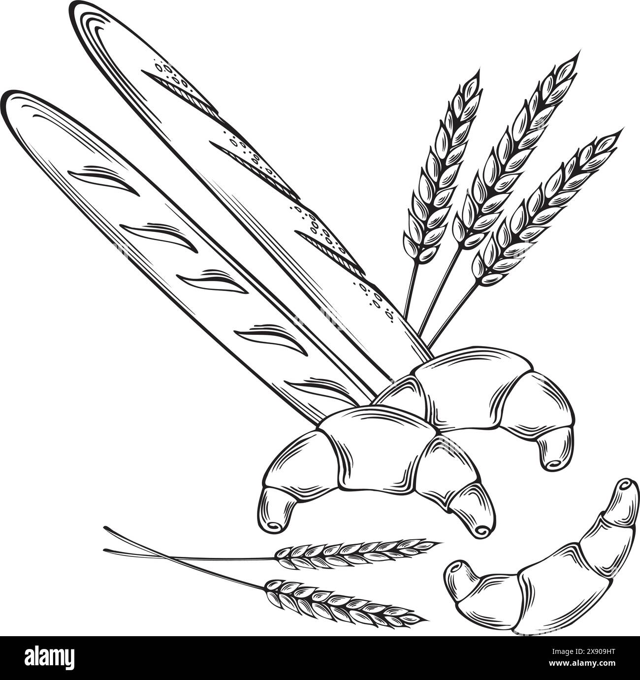 Baguettes, französische Croissants und Weizenohren. Backwaren französisches Brot. Grafiken Skizze frisches Lebensmittelprodukt Vektorillustration lineares, isoliertes Templat Stock Vektor