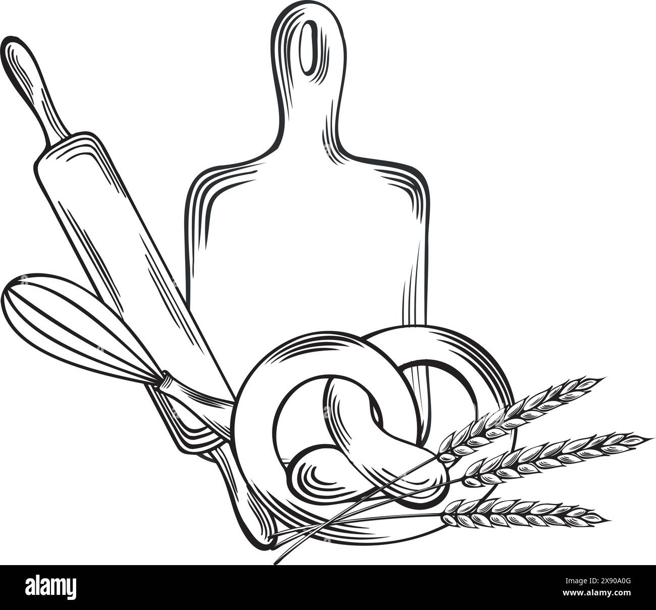 Backwerkzeuge und Pretsel mit Weizenohren. Schneidebrett, Drehstift und Schneebesen. Backwaren deutsches Brot. Vektorgrafik-Illustration isoliert. Temp Stock Vektor