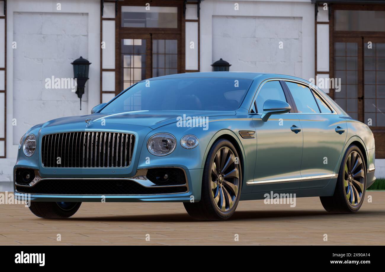 Bentley Flying Spur ist ein unglaublich leistungsstarkes Auto. Wahlweise erhältlich mit einem 4,0-Liter-V8-Benzinmotor mit zwei Turboladern oder einem 2,9-Liter-Motor Stockfoto