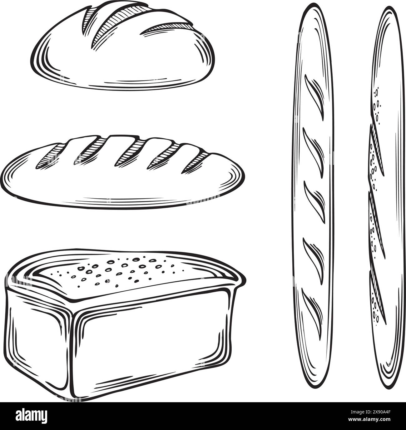 Brotbackwaren-Set. Vektorgrafik, isoliert. Baguetts, Roggenbrot und französisches Brot. Skizze des traditionellen Brotsymbols. Flach Stock Vektor