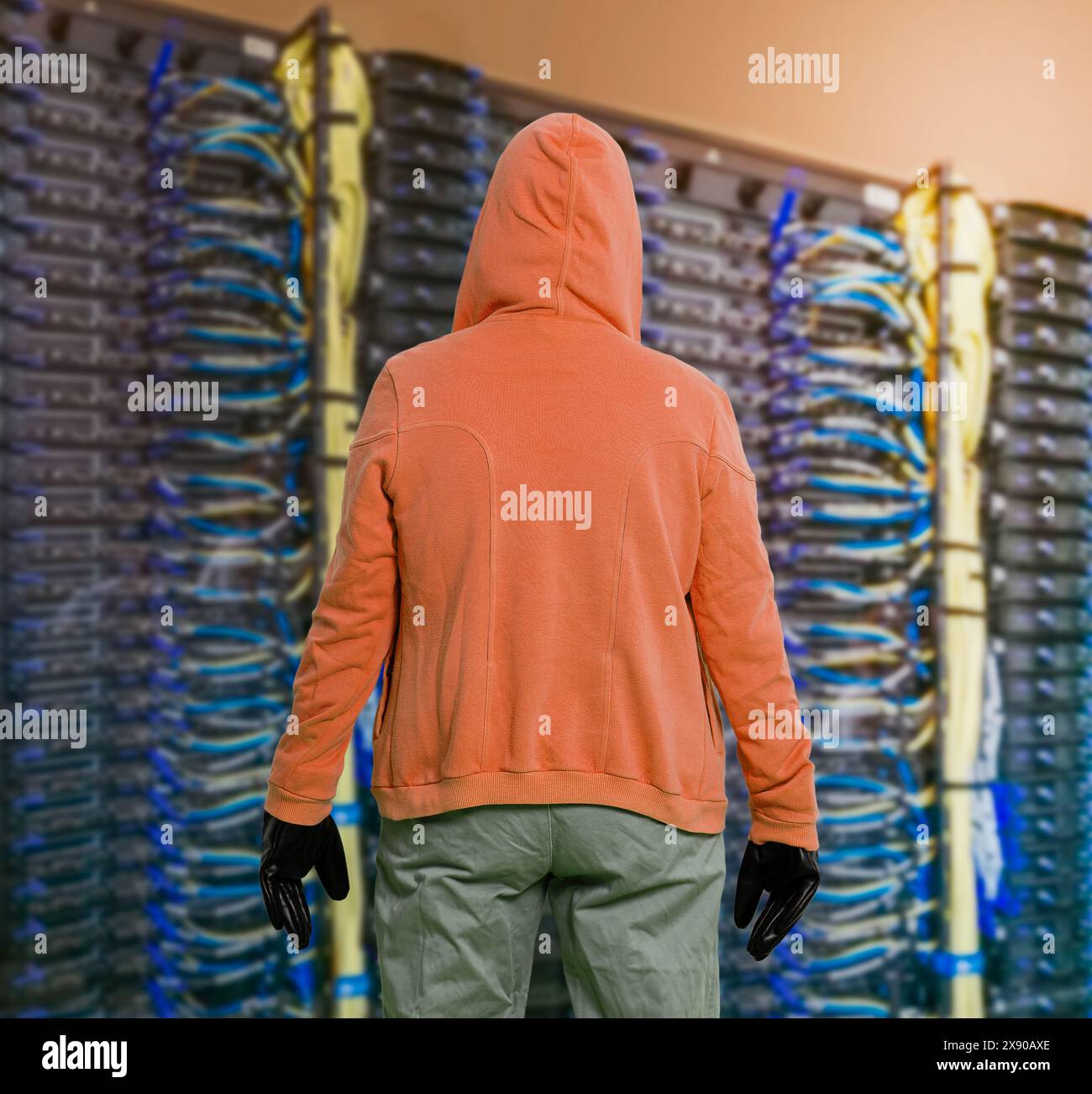 Rückansicht eines männlichen Hackers, der in einem KI-Rechenzentrum einen KI-Code knackt. Stockfoto