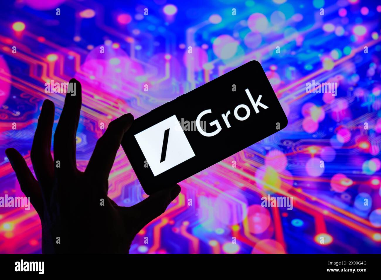 Auf diesem Foto wird das grok Logo auf einem Smartphone angezeigt. Aufgenommen in Brüssel, Belgien. Am 27. Mai 2024. (Jonathan Raa / SIPA USA) *** ausschließlich für redaktionelle Nachrichtenzwecke *** Stockfoto