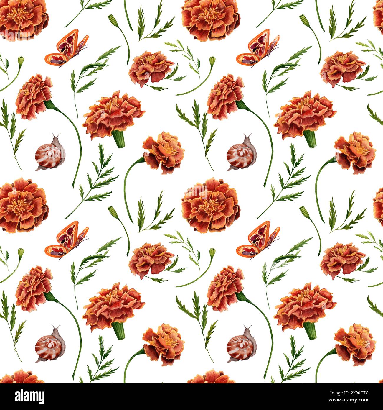 Ringelblumen mit grünen Blättern, Schmetterlingen und nahtlosem Schneckenmuster. Handgezeichnete Aquarellillustration isoliert auf weißem Hintergrund. Für Elega Stockfoto