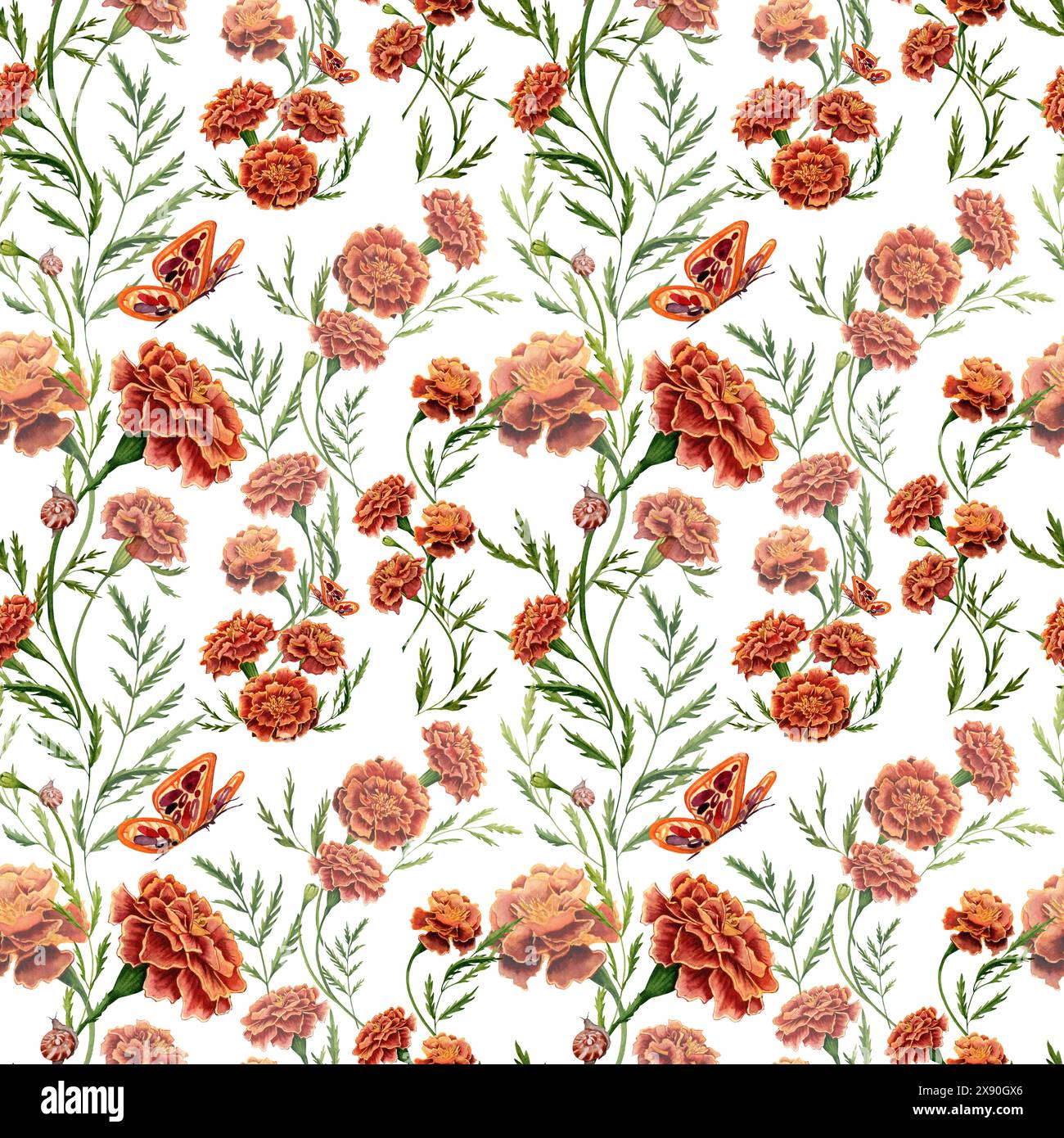 Ringelblumen, grüne Blätter und Schmetterlinge nahtloses Muster. Handgezeichnete Aquarellillustration isoliert auf weißem Hintergrund. Tapeten oder Stoffe Stockfoto