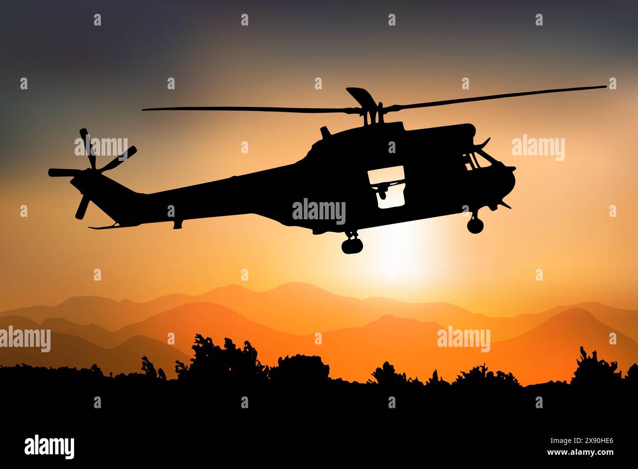 Silhouette eines Kampfhubschraubers bei Sonnenuntergang, Seitenansicht, puma in der französischen Armee, Vektorzeichnung kann für Web, Aufkleber, Patch, Logo, Illustration und verwendet werden Stock Vektor