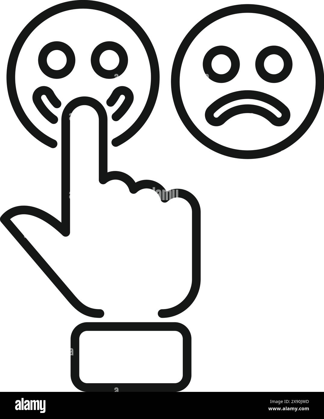 Schwarz-weiß-Symbol eines Fingers, der auf ein trauriges Emoticon drückt, symbolisiert das Schweigen negativer Reaktionen Stock Vektor