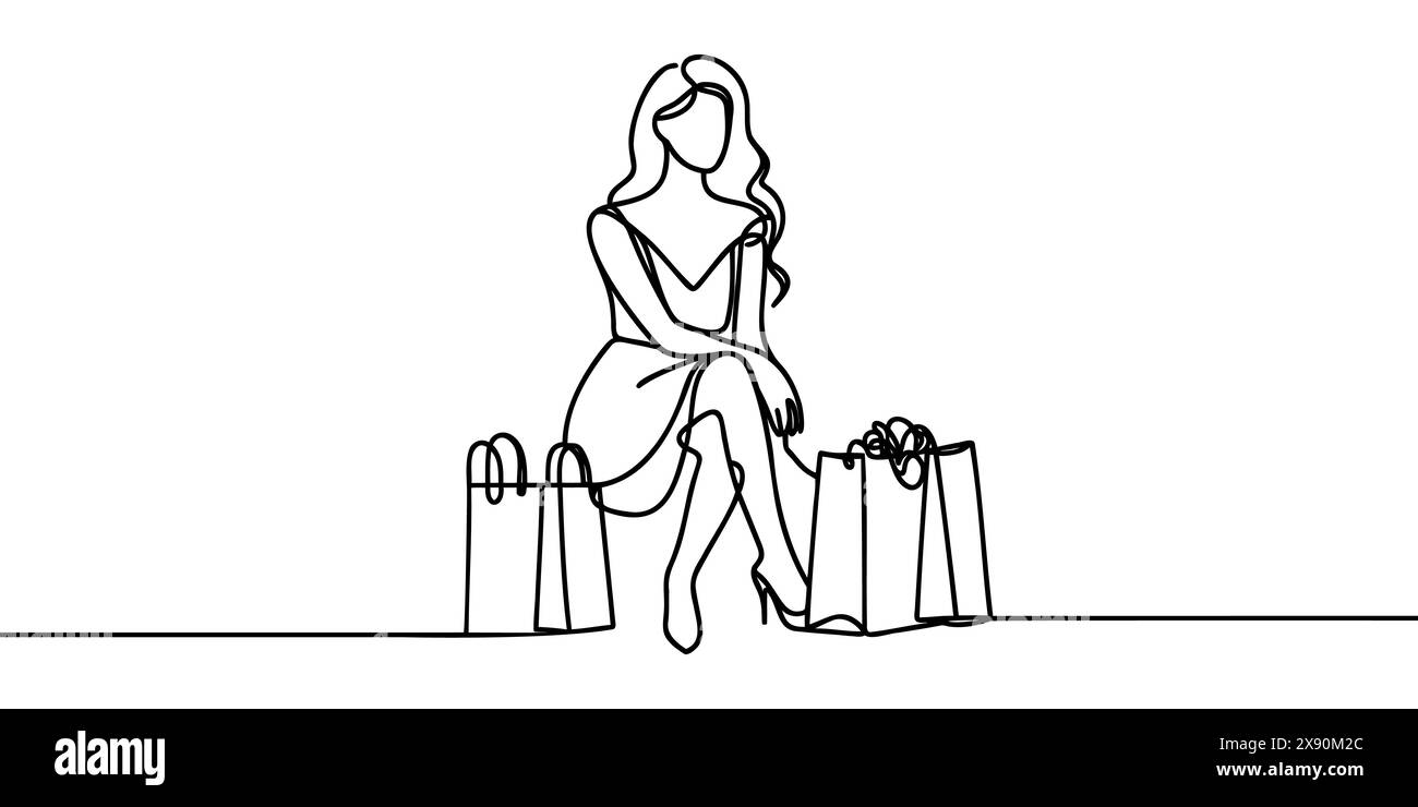 Durchgehende Einzeilenzeichnung einer Frau, die nach dem Einkaufen Papiertüten hält Stock Vektor