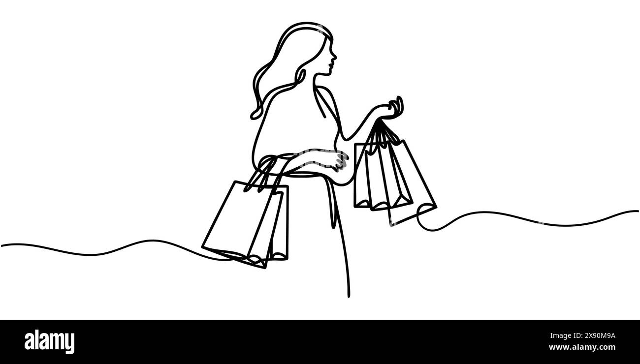 Durchgehende Einzeilenzeichnung einer Frau, die nach dem Einkaufen Papiertüten hält Stock Vektor