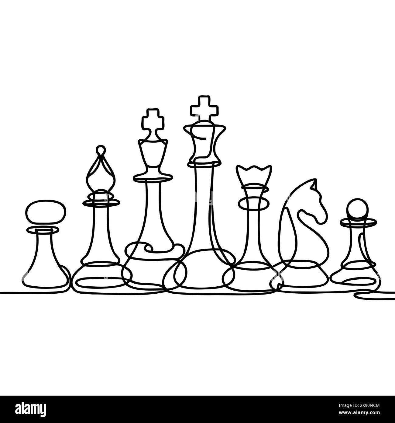 Eine Linienzeichnung von Schachfiguren. Grafische Vektorgrafik für durchgehende Linienzeichnung. Stock Vektor