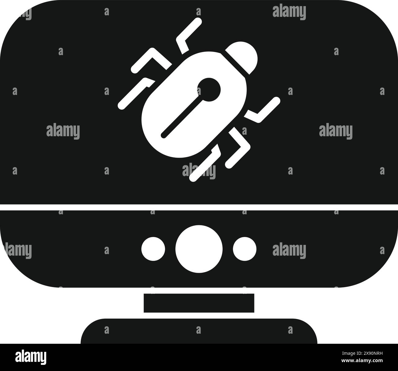 Schwarzweiß-Illustration, die einen Bug auf einem Computerbildschirm darstellt, der Cybersicherheitsbedrohungen symbolisiert Stock Vektor