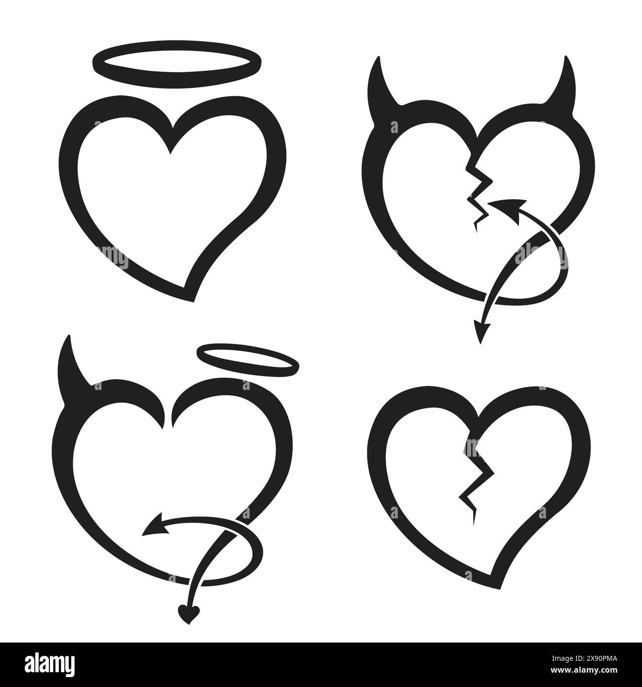 Teufelsherz, Engels Herz, gebrochenes Herz. Devil's and Angel's Heart Collection. Vektor und Illustration. Stock Vektor