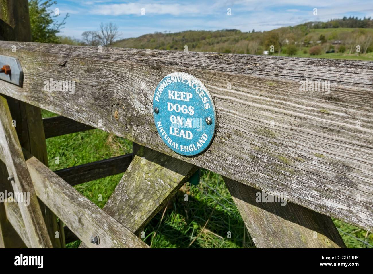 Nahaufnahme eines Natural England Keep Dogs auf einem Blei-Warnschild am hölzernen Landtor auf einem Bauernfeld England Großbritannien Großbritannien Großbritannien Großbritannien Großbritannien Stockfoto