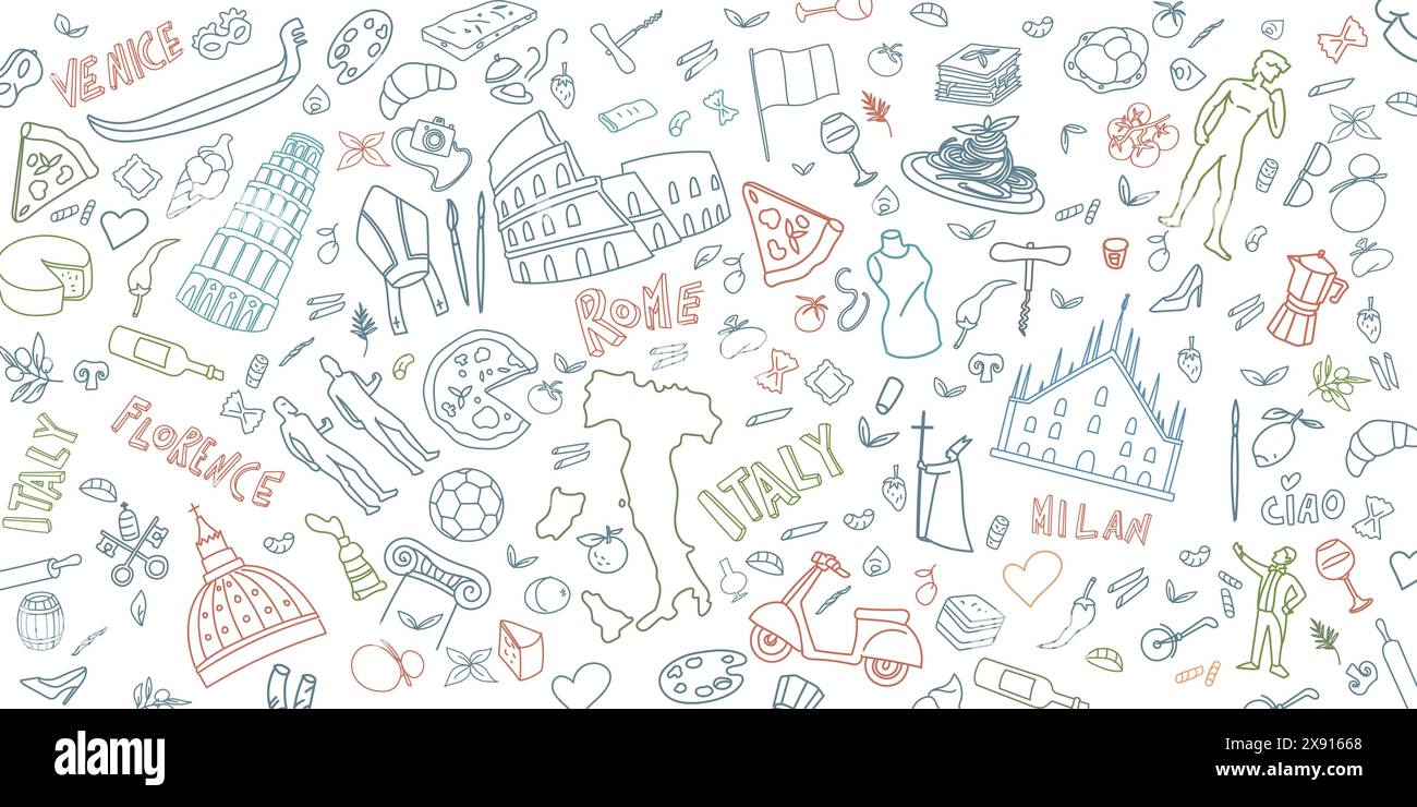 Italienisches Reise-Doodle-Farbsymbol Kunstillustration. Hand gezeichnet Vektor Clip Art. Hintergrund Banner Set Logos Stock Vektor