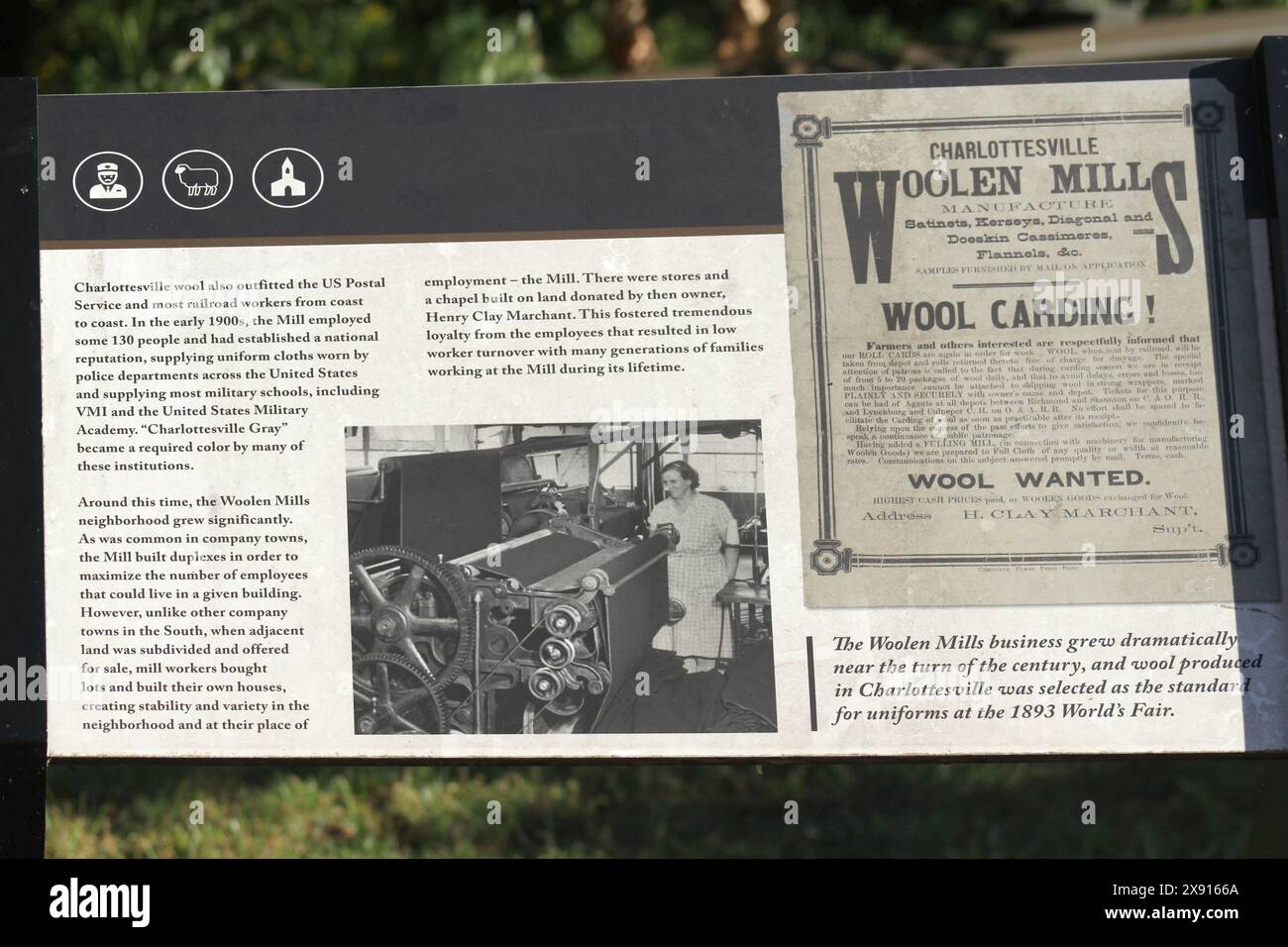 Informationstafel von Virginia, USA, in Charlottesville Woolen Mills. Stockfoto