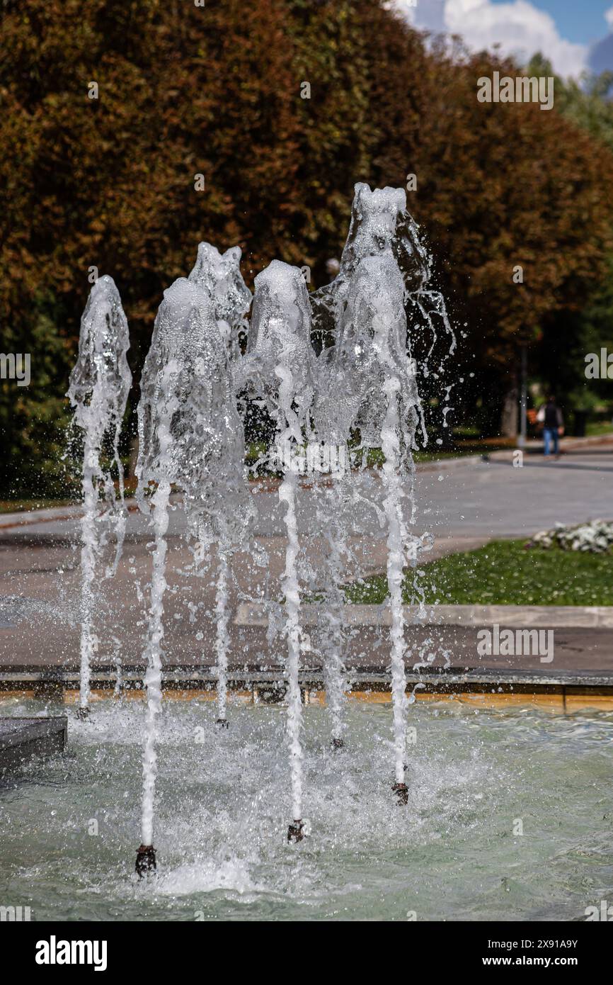 Blick aus der Nähe in der Nacht auf einen öffentlichen Brunnen mit vielen kleinen Wasserstrahlen. Abstraktes natürliches Bild mit Muster von gekrümmten, beleuchteten Linien und br Stockfoto