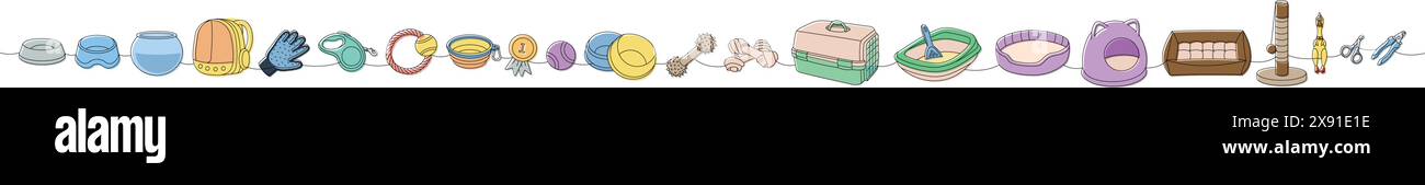 PET-Zubehörset. Schlafkissen, Kauspielzeug, Ballspielzeug, Medaille, Schere, Nagelschneider, Bürste, Fellentferner, Aquarium, tragbare Wasserschale Stock Vektor