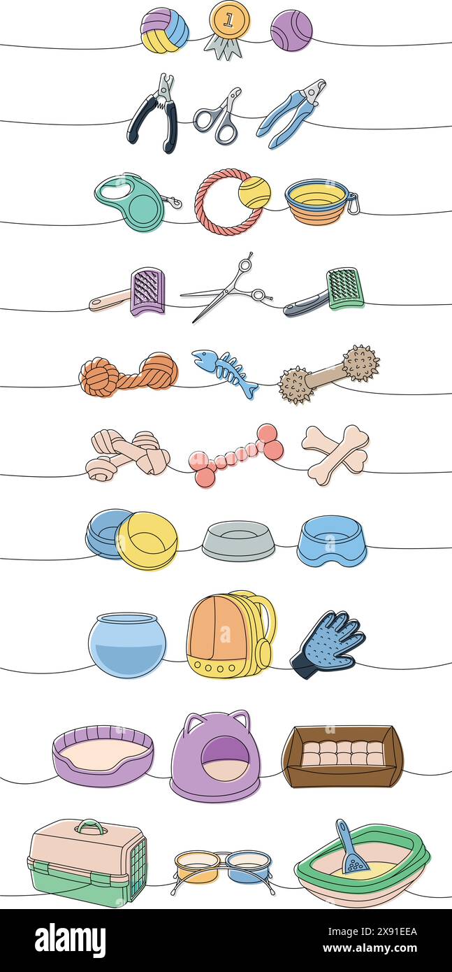 PET-Zubehörset. Kauspielzeug, Ballspielzeug, Medaille, Schere, Nagelschneider, Fellentferner, Aquarium, Rucksackträger, Bandbandleine, tragbare Wasserschale Stock Vektor
