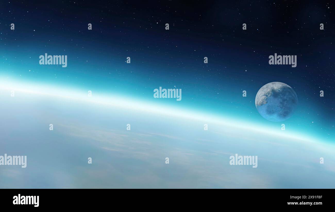 Meeting Space am Horizont der Erde, mit einem Fernblick auf den Mond und zahlreiche Sterne in einer ruhigen Atmosphäre Stockfoto