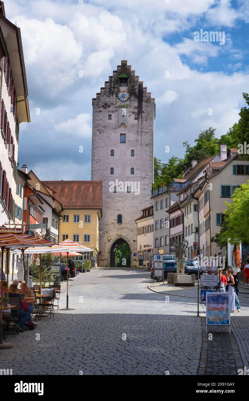 Das Obertor, historisches Stadttor am Ende der Marktstraße, Ravensburg, Bezirk Ravensburg, Baden-Wuerttemberg, Deutschland Stockfoto