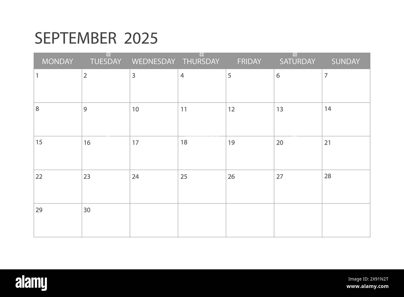 Kalender für September 2025. Die Woche beginnt am Montag. Stock Vektor