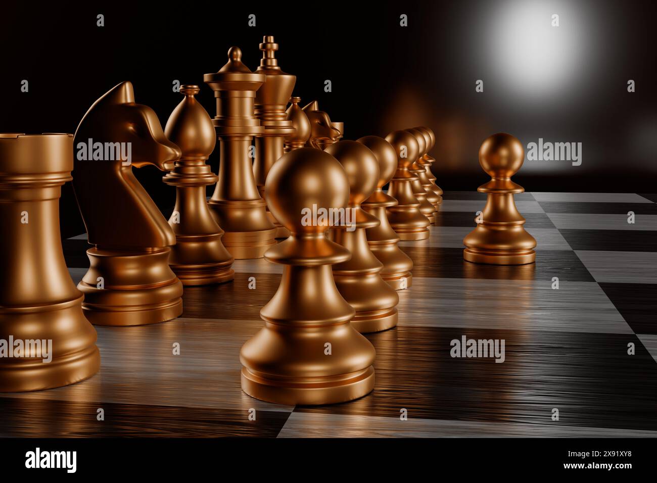 Bronzeschachteile auf einem Schachbrett in dunkler Umgebung. 3D-Rendering. Stockfoto