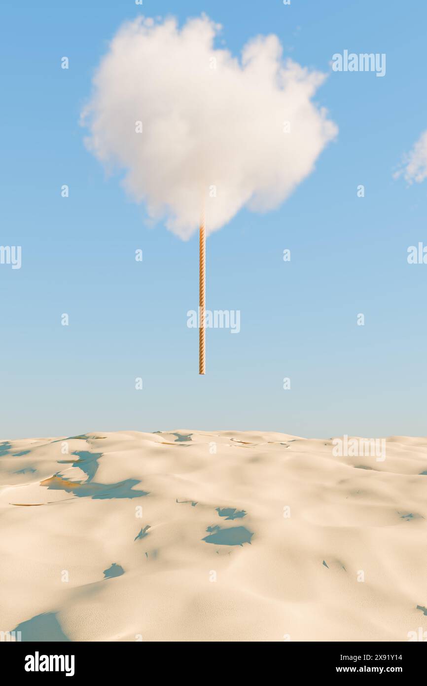 Eine weiße Wolke mit einem langen Seil, die in eine Sandwüste unter einem klaren blauen Himmel hinabsteigt. 3D-Rendering Stockfoto