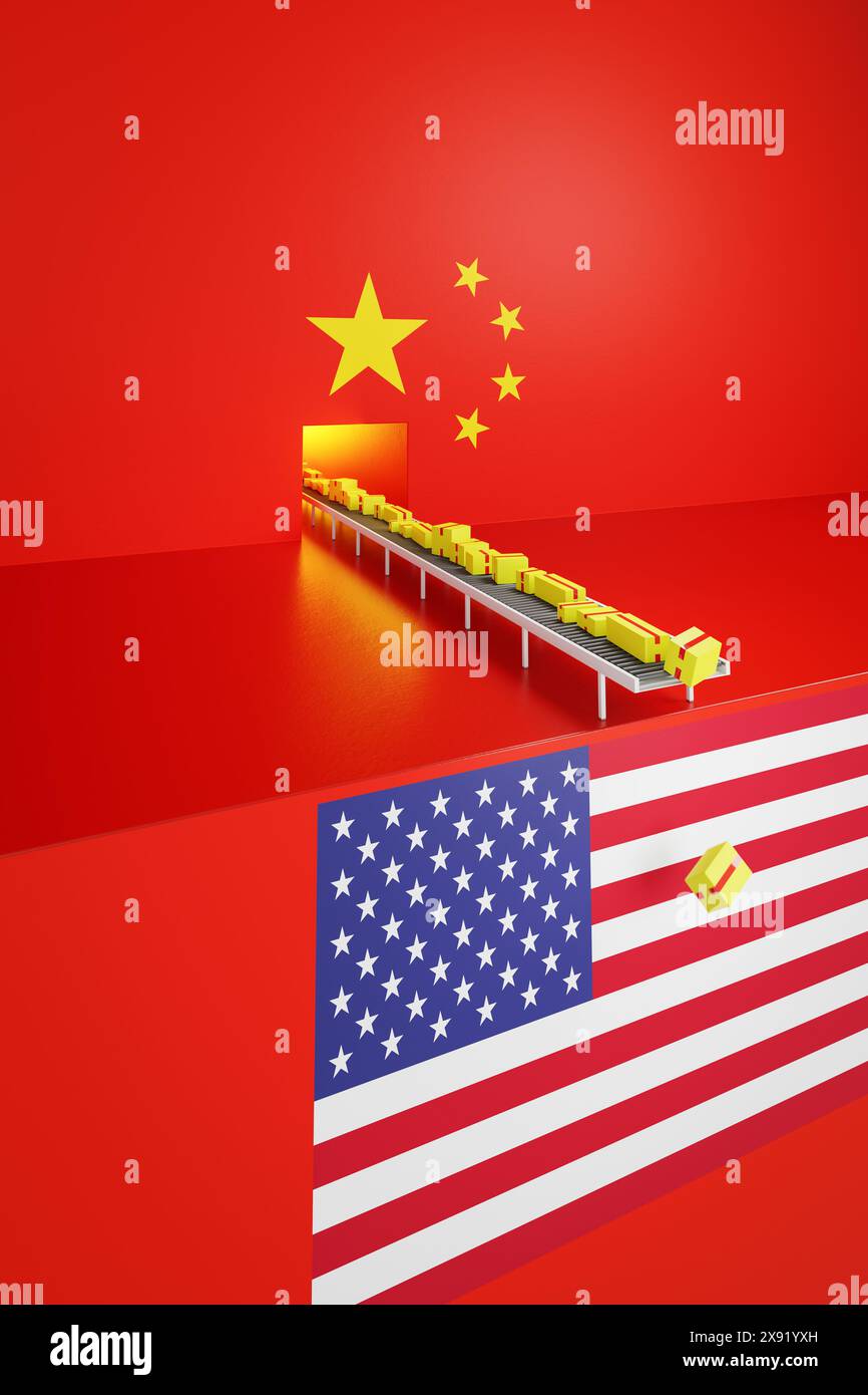 Handel zwischen China und den Vereinigten Staaten von Amerika Konzept: China wirft viele billige Produkte in die USA ab. Viele Pakete fallen am Ende einer PR Stockfoto