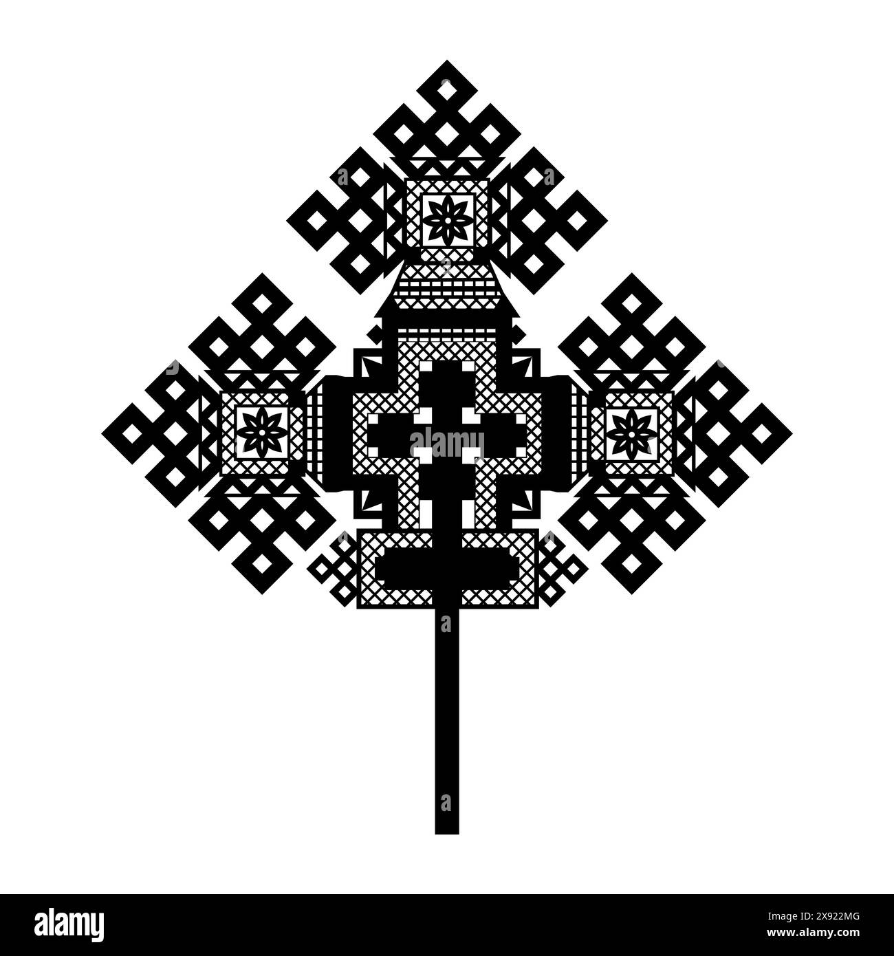 Komplexes Kreuz, zusammengesetzte geometrische Formen, schönes gelenktes Kreuz der äthiopischen orthodoxen Kirche. Konturvektor. Stock Vektor