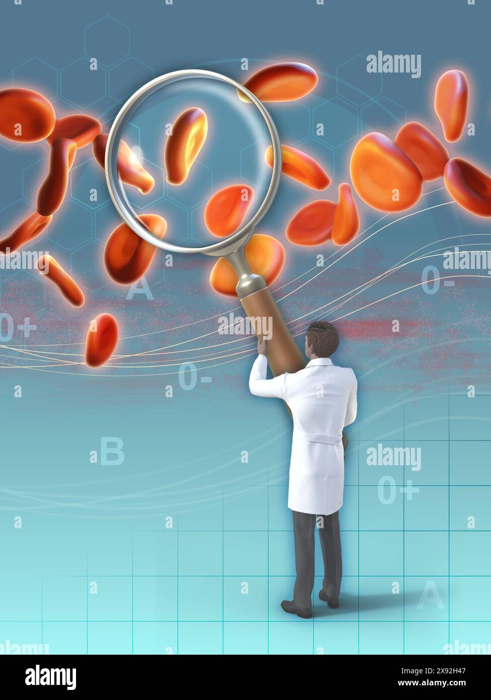 Ein Wissenschaftler untersucht menschliches Blut mit einer Lupe. Digitale Illustration, 3D-Rendering. Stockfoto