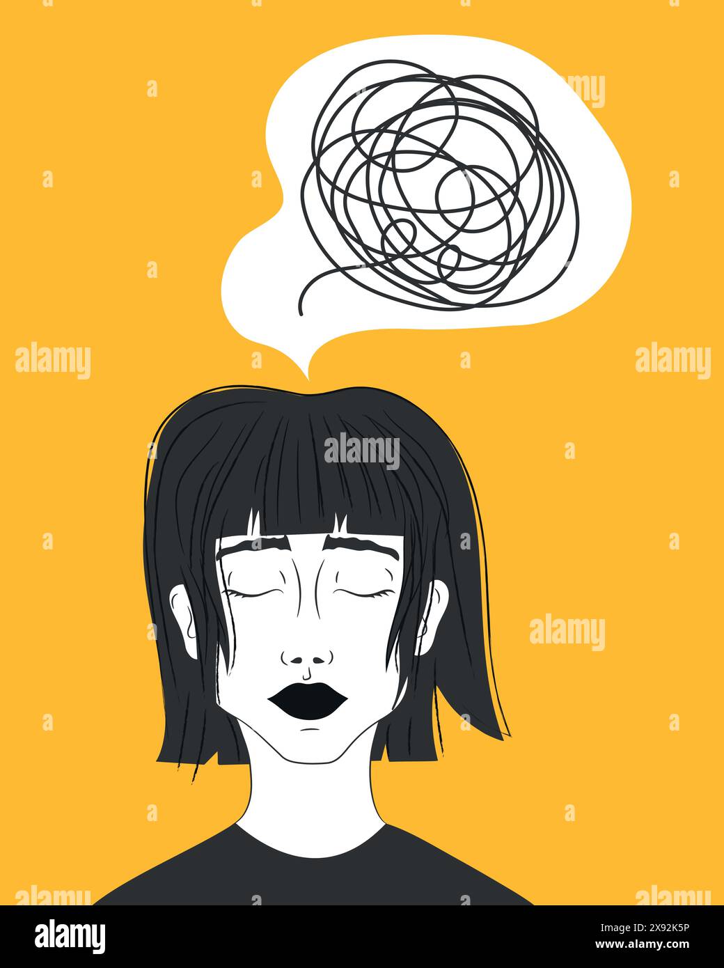 Ein Mädchen mit einem Gewirr von Gedanken, Angst und unordentlichen Emotionen. Die Frau machte sich Sorgen um die schlechte psychische Gesundheit. Psychische Störung und chaotische Gedanken Stock Vektor