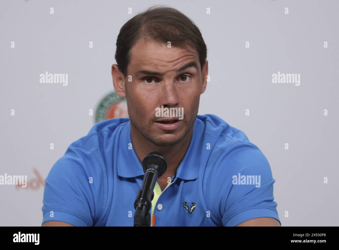 Rafael Nadal aus Spanien spricht während einer Pressekonferenz vor den French Open 2024, Roland-Garros 2024, ATP und WTA Grand Slam Tennis Turnier am 25. Mai 2024 im Roland-Garros Stadion in Paris Stockfoto