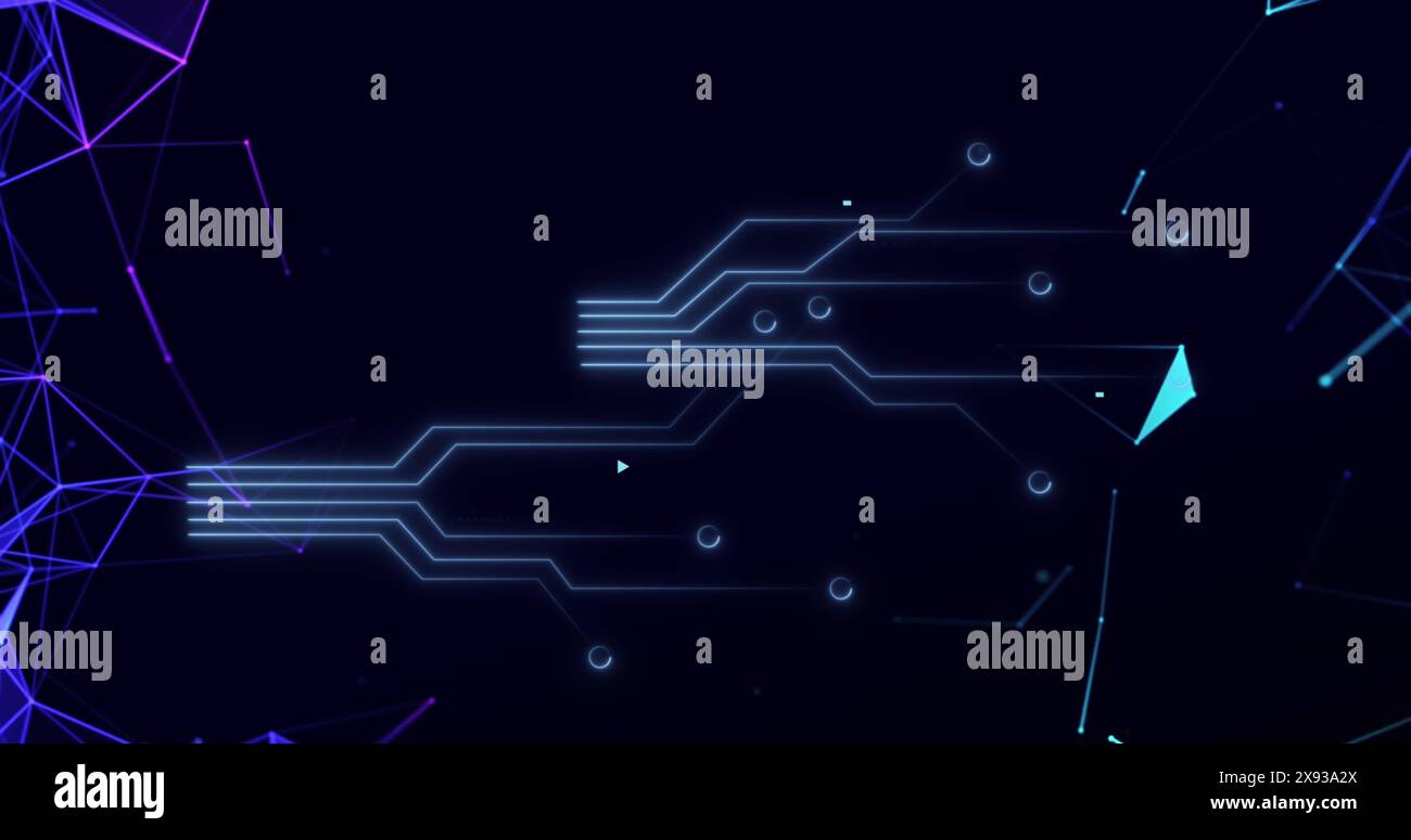 Abstrakte digitale Linien und Knoten bilden futuristisches Design auf dunklem Hintergrund Stockfoto