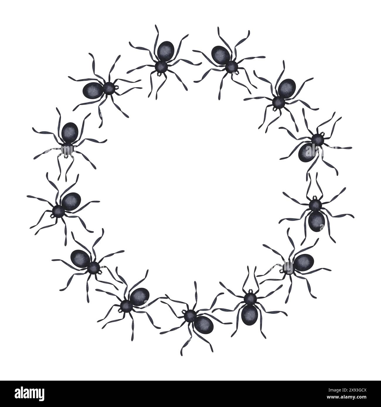 Schwarze Spinnen, runder Kranzrahmen. Gruseliger, gruseliger Arthropod, Tarantel spinnweben, Arachnophobie Clipart. Frohes Halloween. Gruseliges Bild. Handgezeichnet Stockfoto