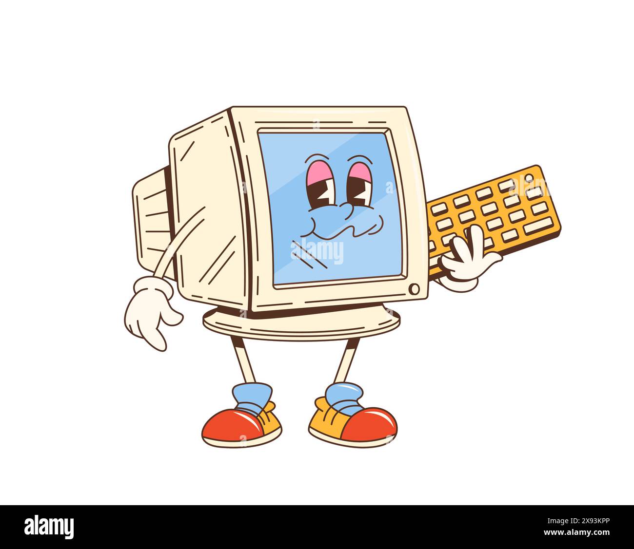 Cartoon-groovige Computermonitor-Figur. Vector pc-Figur in verspielter Pose mit Tastatur in Händen, die den nostalgischen Charme von Vintage-Elektronik mit blauem Bildschirm und ausdrucksstarkem Gesicht einfängt Stock Vektor
