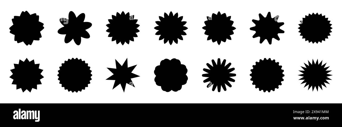 Setzen Sie die Elemente des starburst-Symbols. Satz Verkaufsaufkleber, Preisaufkleber, Preisaufkleber, Preisaufkleber, Gütezeichen, starburst, Sunburst-Abzeichen, Rabattaufkleber, P Stockfoto