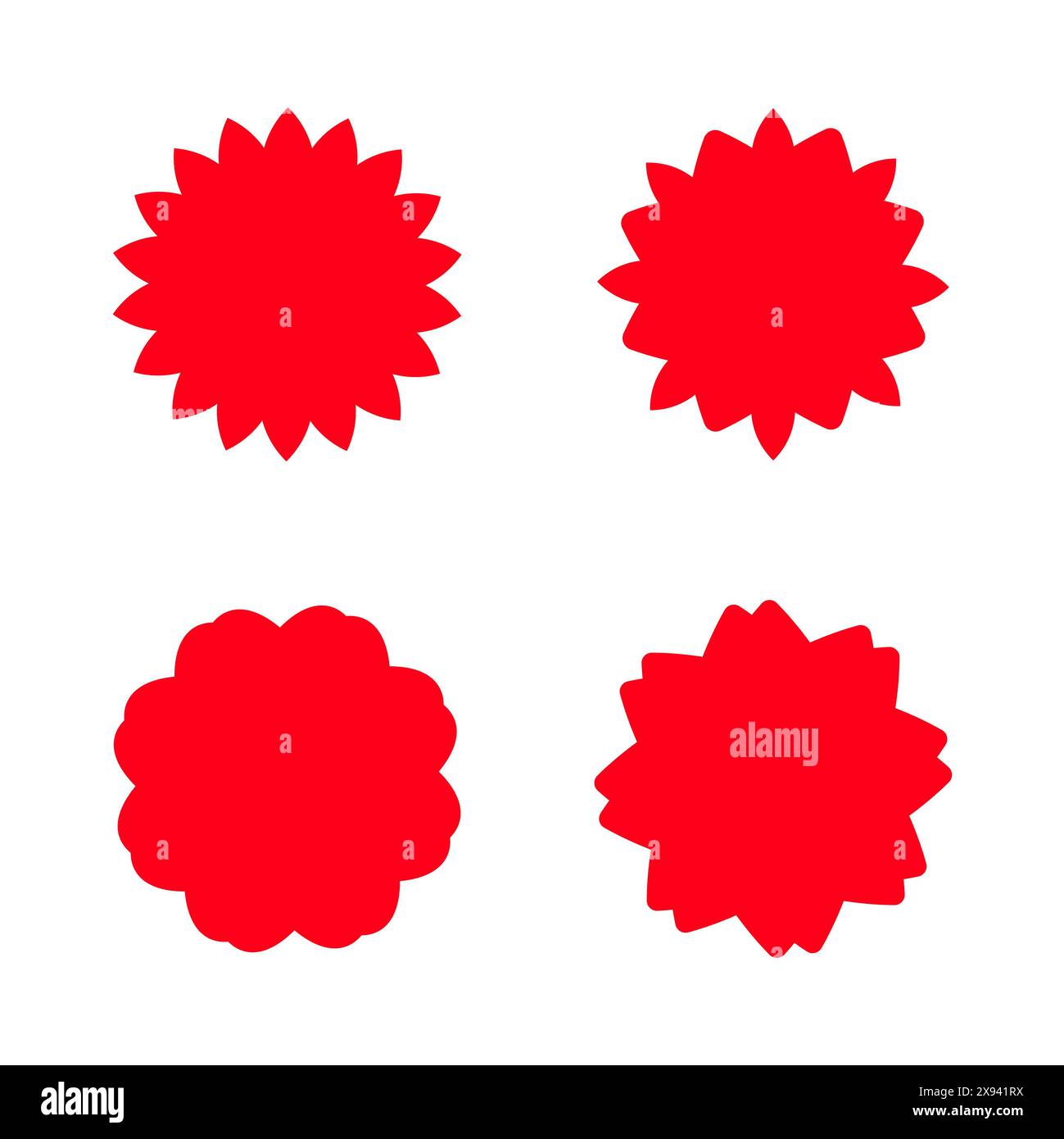 Niedliches rotes Verkaufsschild. Rotes Starburst-Set, Bestseller-Aufkleber, Gütesiegel, Werbeaufkleber, Preisschild, Sonderangebot. Abbildung des flachen Vektors Isolieren Stockfoto