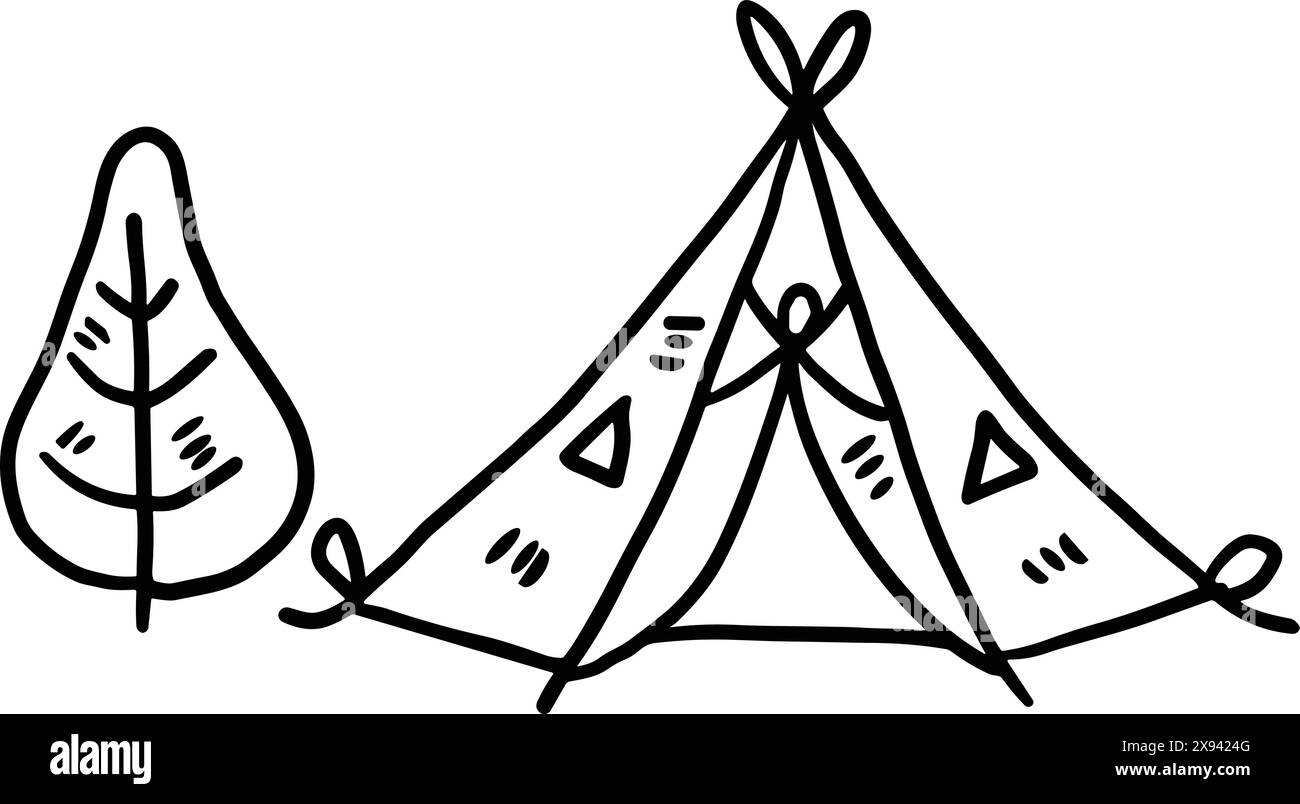 Ein Zelt mit Tür und Fenster. Das Zelt ist schwarz-weiß. Das Zelt ist ein Symbol für Abenteuer und Entdeckungen Stock Vektor