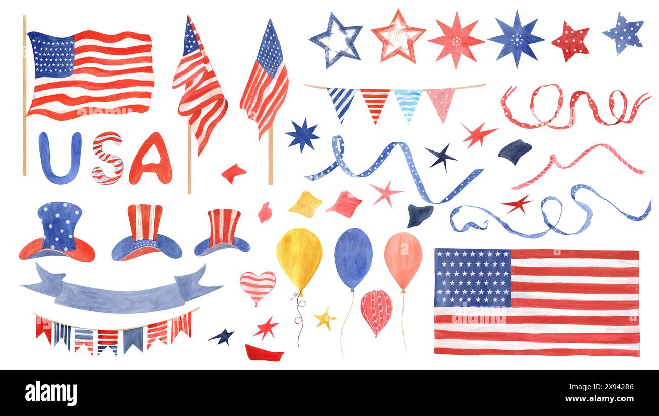 Amerikanische Fahnen, Sterne, Hüte, Ballons, Bänder. Happy 4. Juli USA Unabhängigkeitstag gesetzt. Elemente in nationalen Farben. Aquarellabbildung Stockfoto