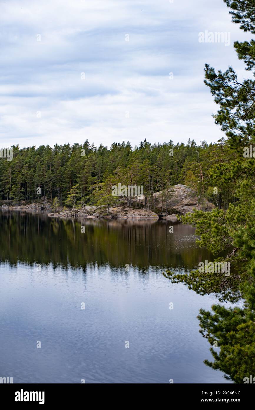Ein ruhiger Blick auf einen See mit felsigen Ufern und Kiefern, der die ruhige Schönheit der natürlichen Landschaft einfängt. Stockfoto