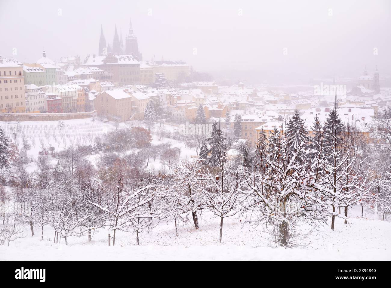 Schnee in Prag, seltene kalte Winterbedingungen. Prager Burg in Tschechien, schneebedecktes Wetter mit Bäumen. Stadtlandschaft aus der wunderschönen Stadt. Wintertra Stockfoto